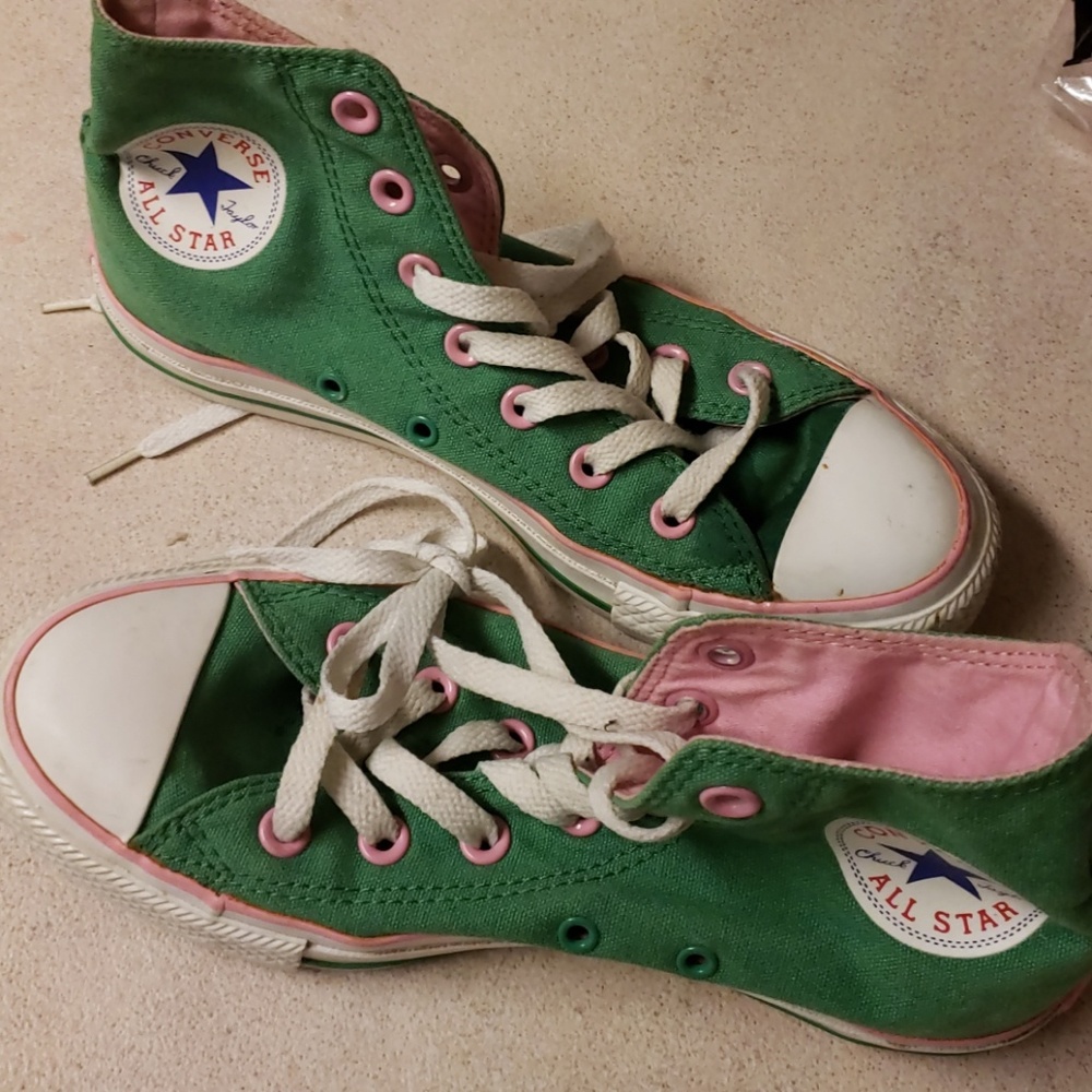 Green and Pink hightop Converse sneakers